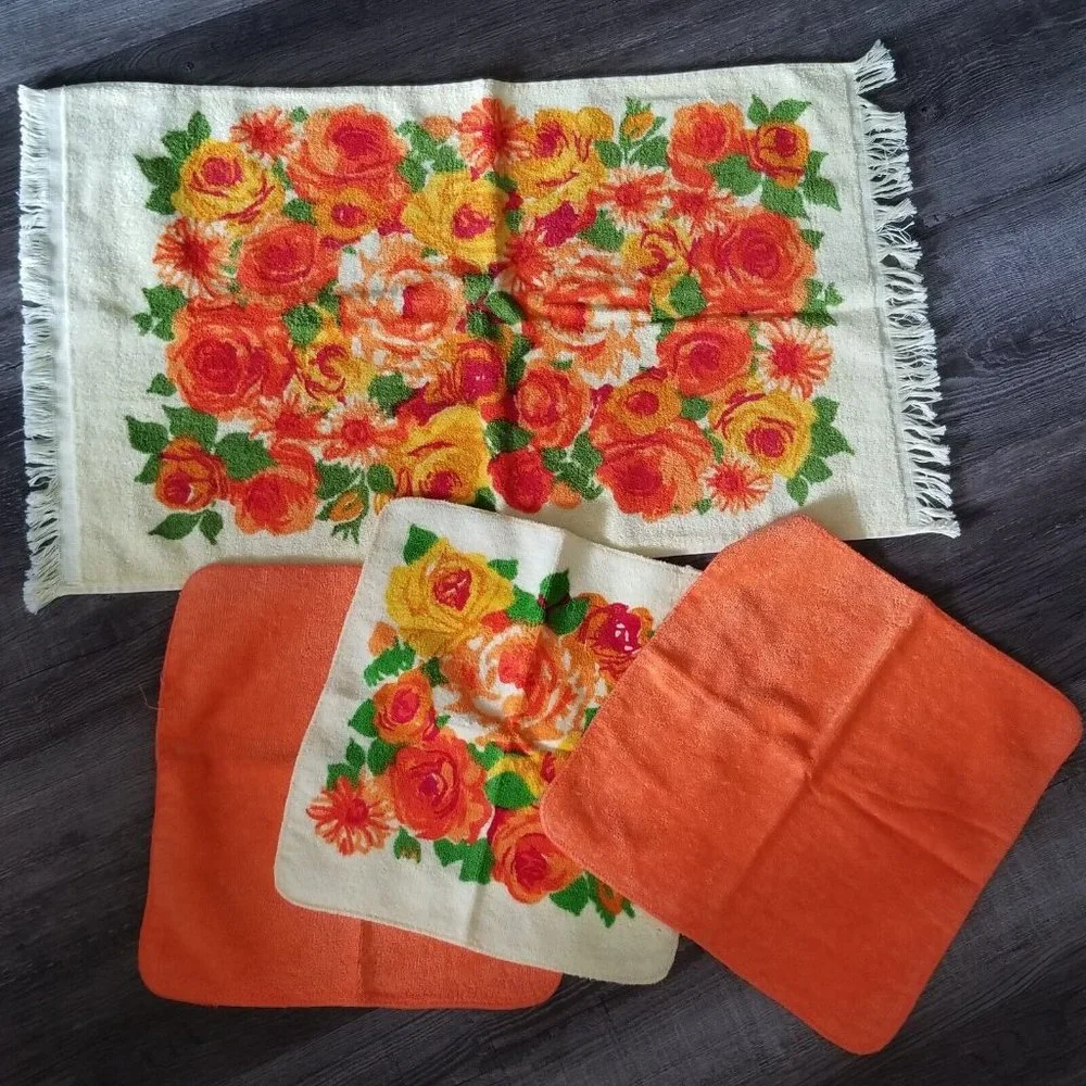 Vintage Towels Cannon Monticello Orange Yellow Bath Set 6 Piece Floral Flowers